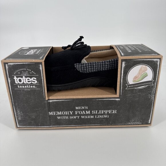 New TOTES Toasties Men's Size 11-12 MEMORY FOAM SLIPPERS Black Plaid Trim Comfy - Picture 1 of 5